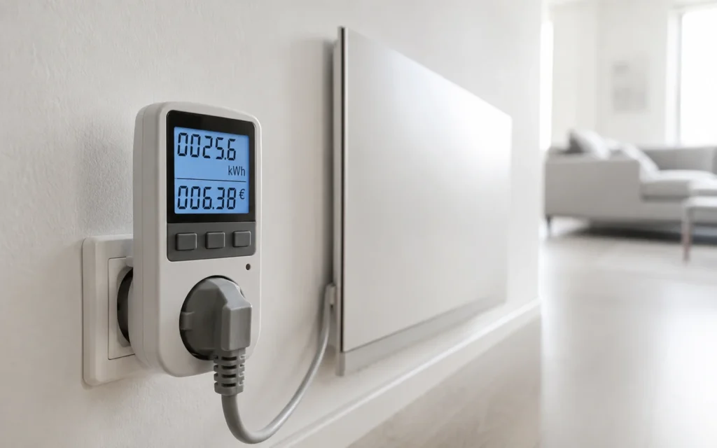 Energiekostenmessgerät an der Steckdose zeigt den tatsächlichen Stromverbrauch einer Infrarotheizung an