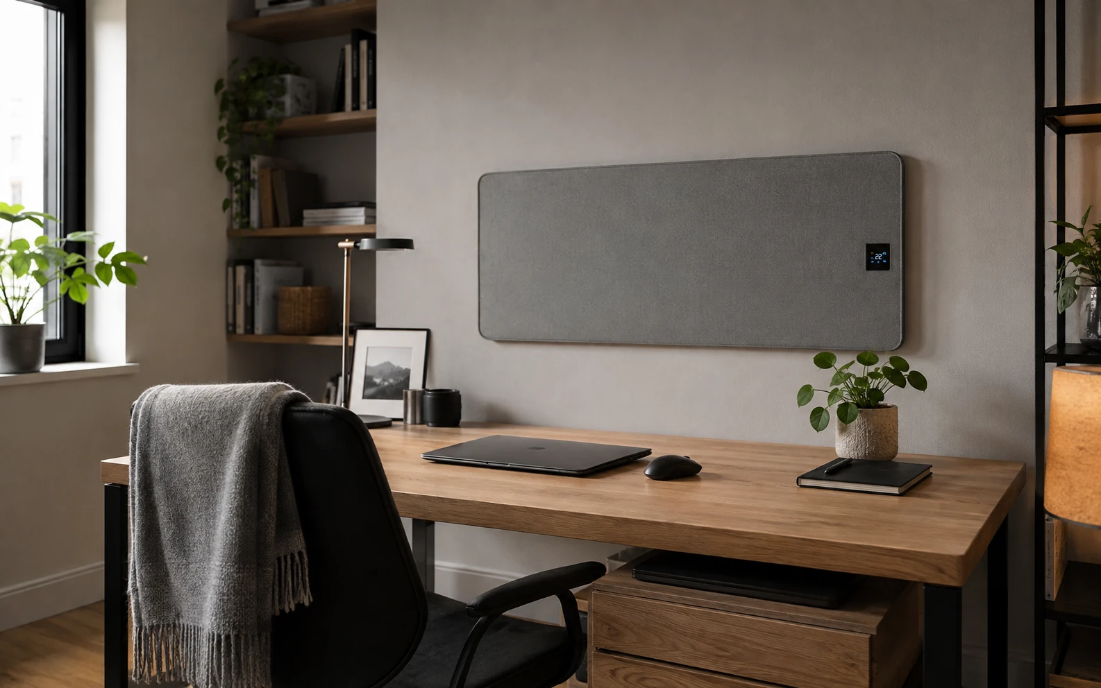 Eingerichtete Arbeitsecke mit wandmontierter Infrarotheizung und digitalem Thermostat-Display