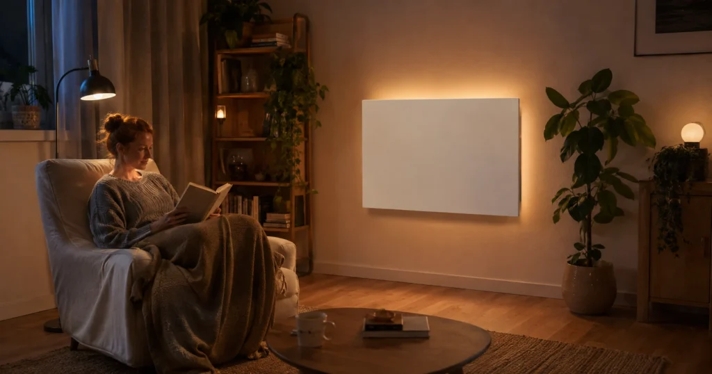 Gemütliches Wohnzimmer mit warmer Infrarotheizung am Abend