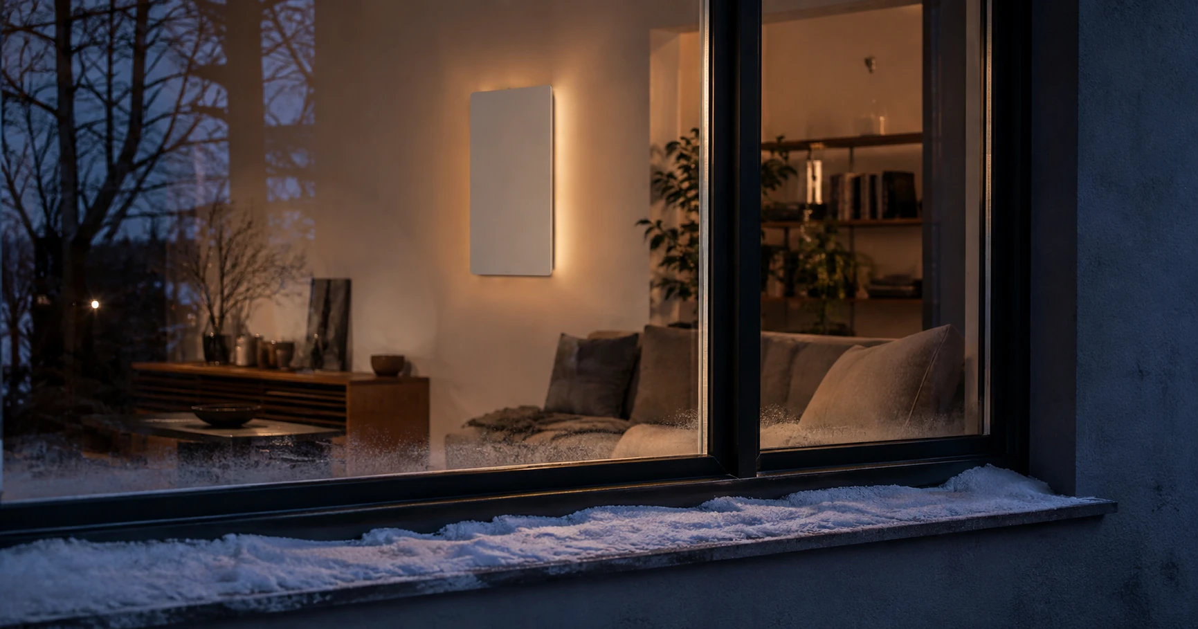 Blick von draußen durch ein leicht beschlagenes Fenster auf ein warm beleuchtetes Wohnzimmer mit Infrarotheizungen im Winter