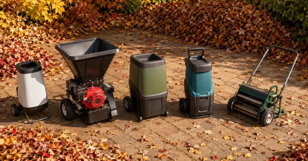 Laubhäcksler im Vergleich: fünf unterschiedliche Gerätetypen nebeneinander auf einer herbstlichen Terrasse