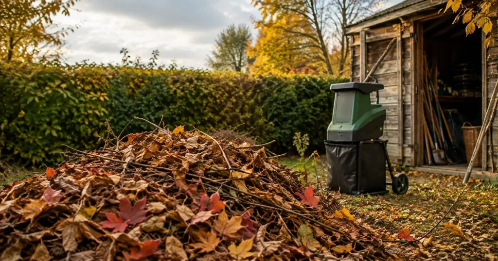 Laubhäcksler kaufen: großer Laub- und Asthaufen im herbstlichen Garten vor der Kaufentscheidung