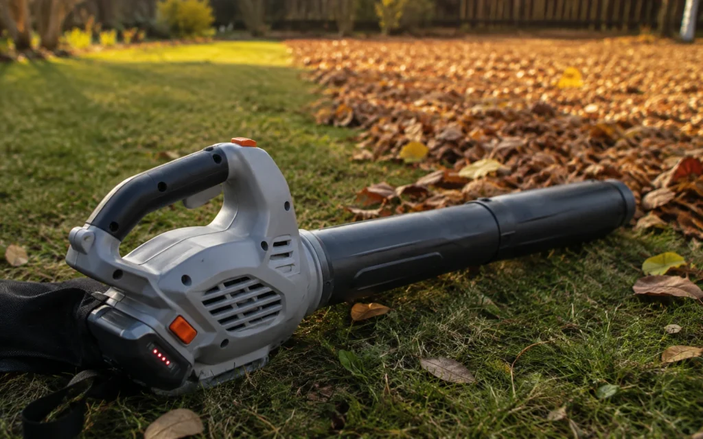 Laubsauger mit leerer Akkuanzeige auf halb geräumter Rasenfläche im Herbst