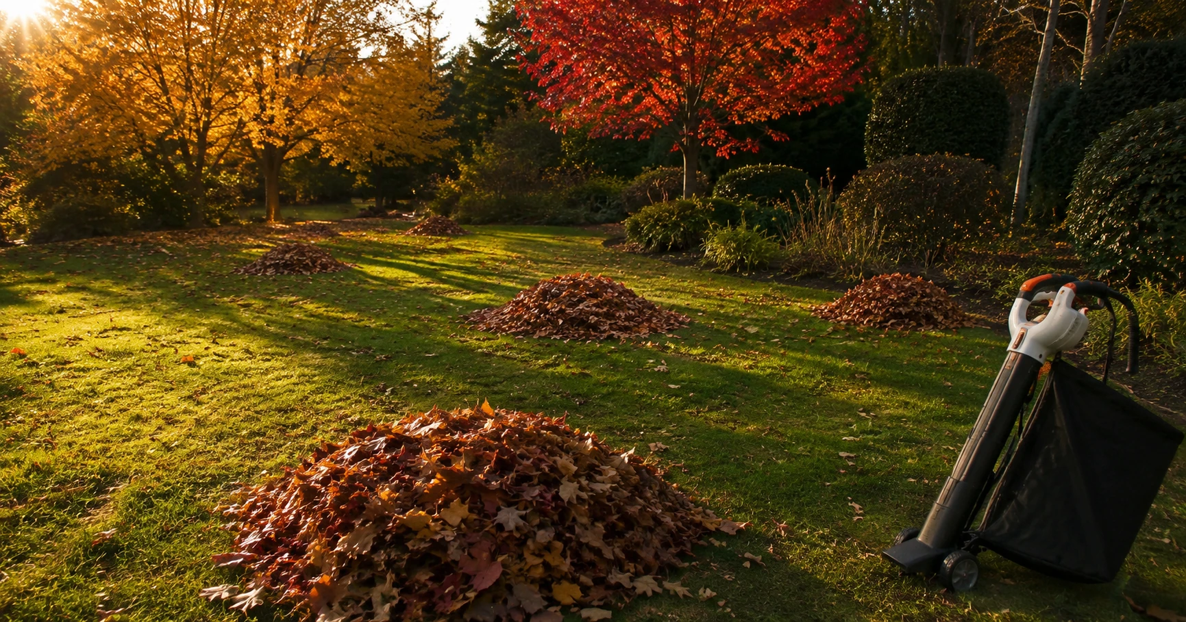 Herbstlicher Garten mit mehreren Laubhaufen und bereitstehendem Laubsauger