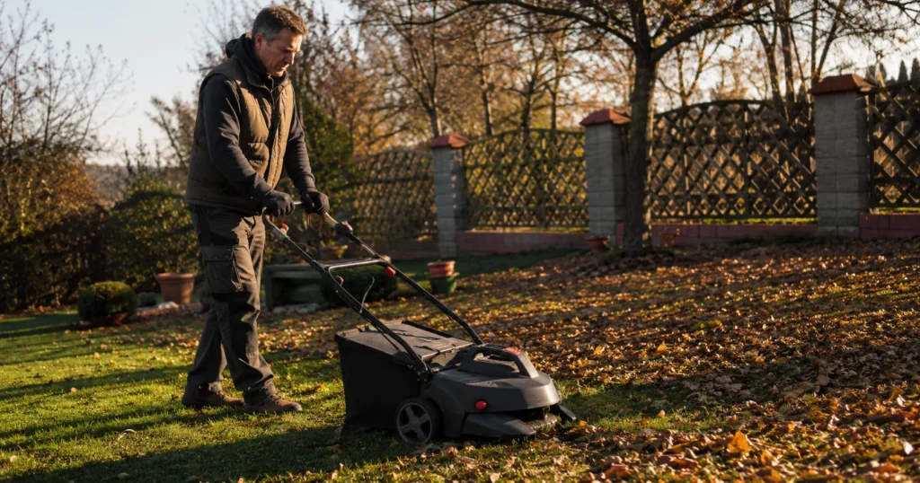 Laubsauger kaufen: Mann setzt kabellosen Laubsauger im herbstlichen Garten ein