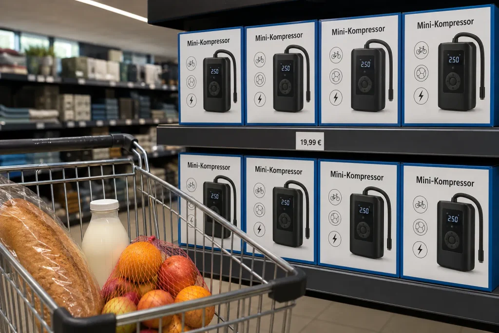 RIDE+GO Mini-Kompressor Aldi Nord (Modell MFP-08) freigestellt auf neutralem Untergrund mit digitalem Display und Trageschlaufe