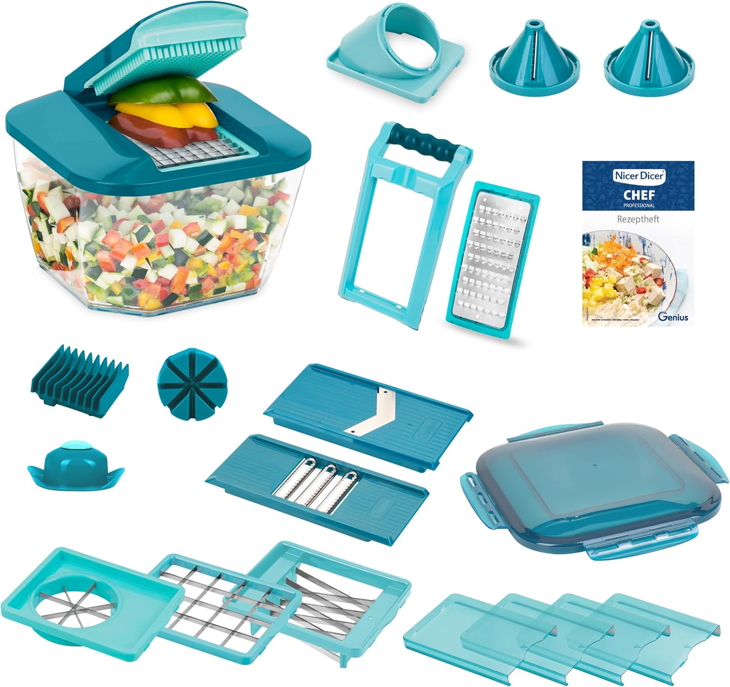 Nicer Dicer Chef Professional 23-teilig mit großem Auffangbehälter, Schneid-Einsätzen und Spiral-Zubehör