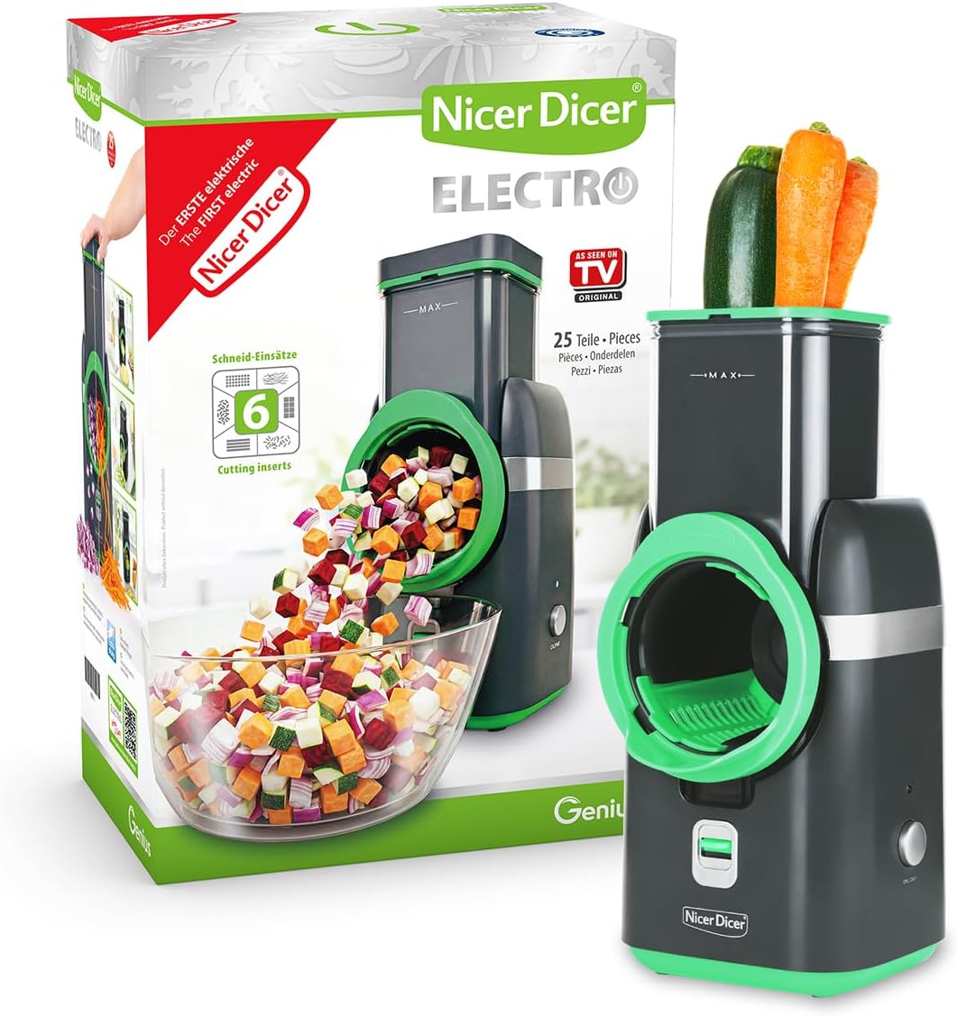 Elektrischer Nicer Dicer 25-teilig mit sechs Schneid- und Reib-Einsätzen