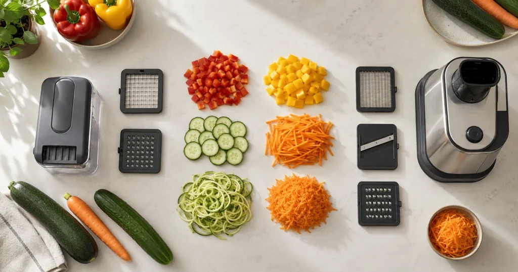 Nicer Dicer im Vergleich: verschiedene Schnittformen von Gemüse mit manuellen und elektrischen Schneidsystemen