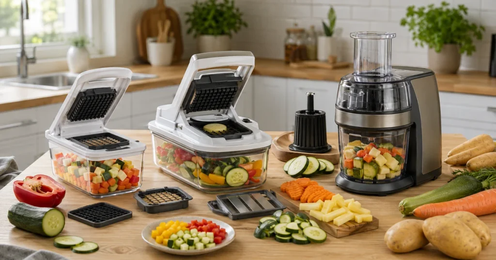 Nicer Dicer im Vergleich: verschiedene Gemüseschneider mit frisch geschnittenem Gemüse auf einer Küchenarbeitsplatte