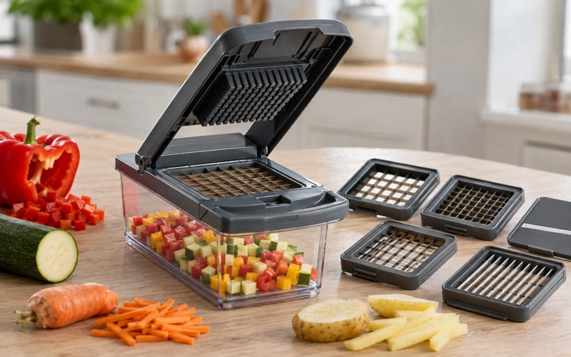 Nicer Dicer Schneidsystem mit Gemüsewürfeln und verschiedenen Schneid-Einsätzen