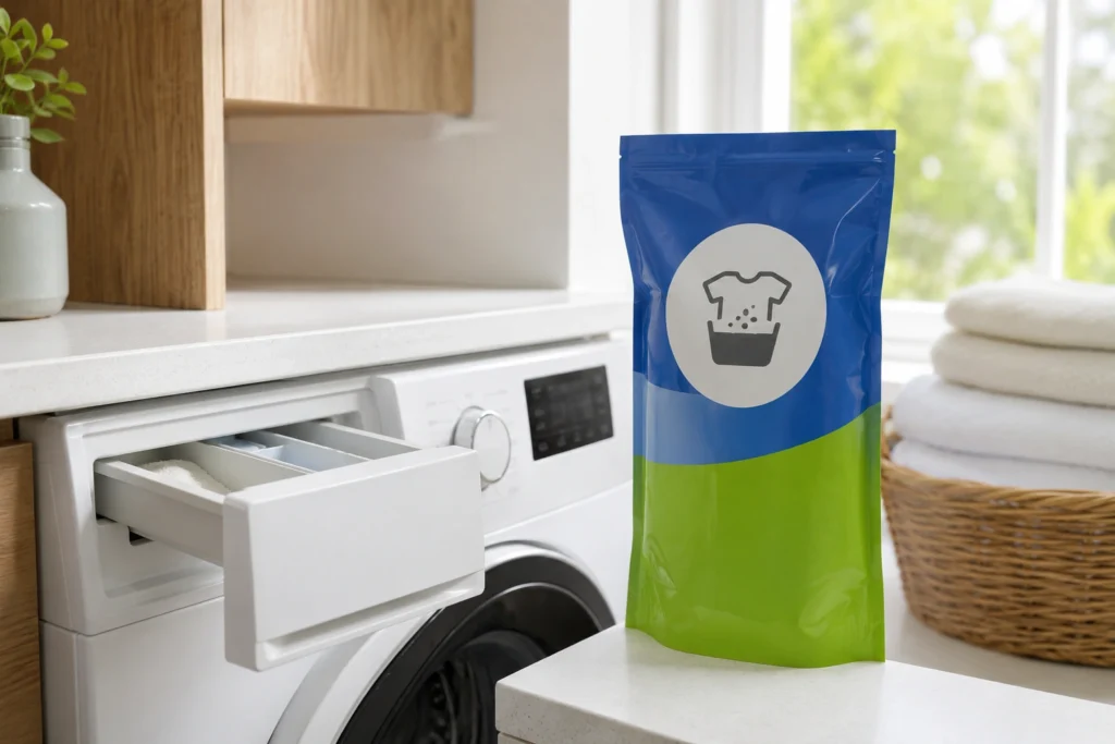 Persil Waschmittel neben einer Waschmaschine mit geöffneter Dosierschublade