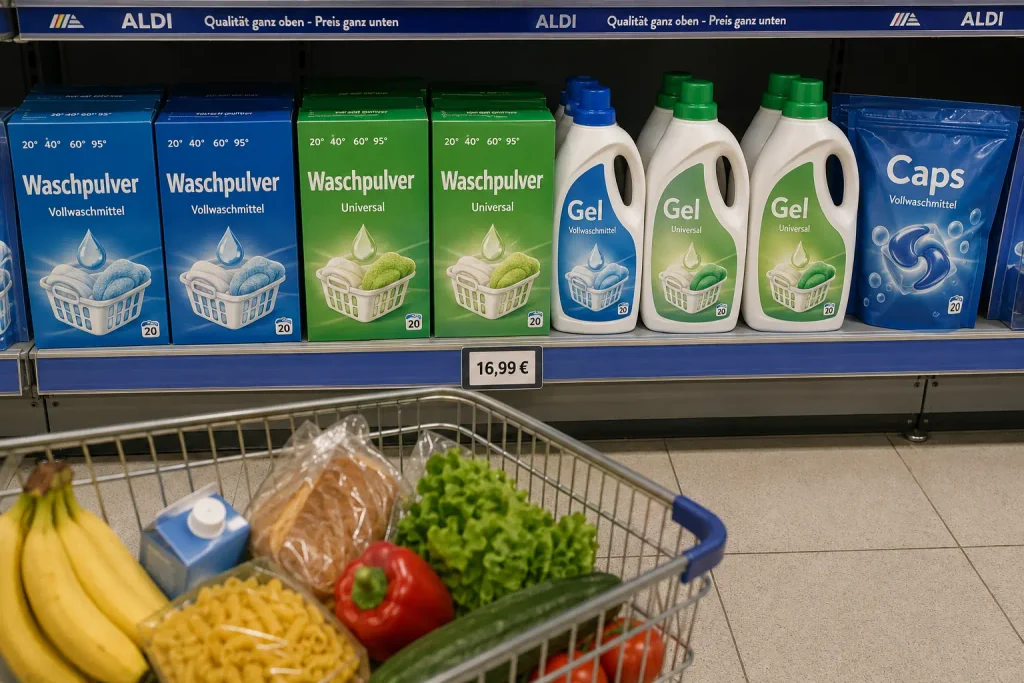 Regal mit verschiedenen Waschmittelverpackungen in einer Aldi Nord Filiale, Einkaufswagen im Vordergrund
