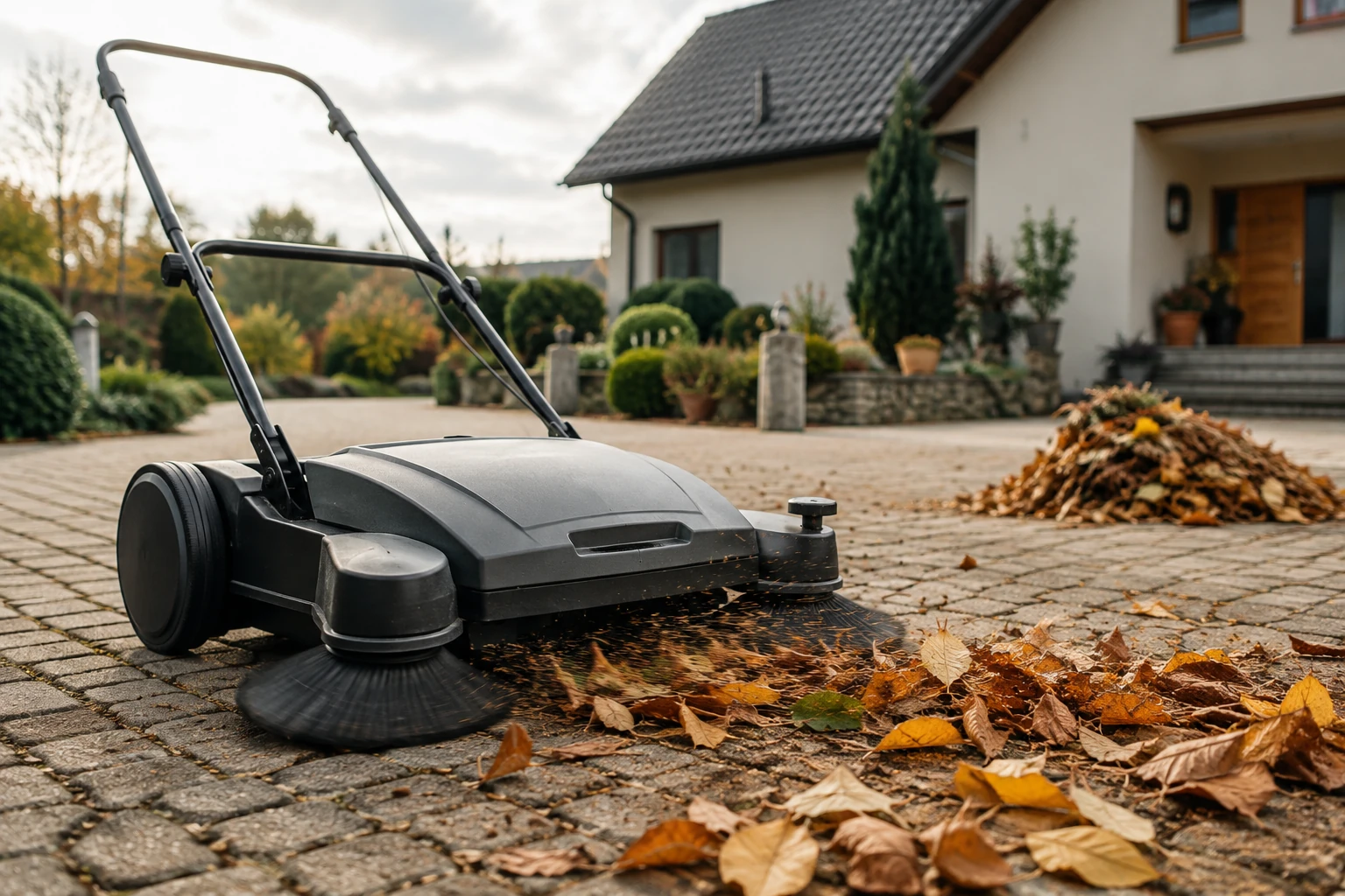 Scheppach Kehrmaschine im Einsatz auf einer gepflasterten Einfahrt im Herbst