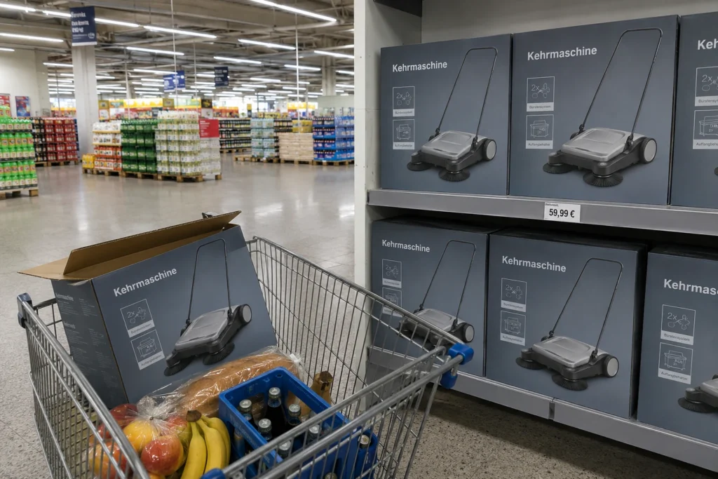 Scheppach Kehrmaschine im Angebot bei Aldi Süd, Regal mit Einkaufswagen