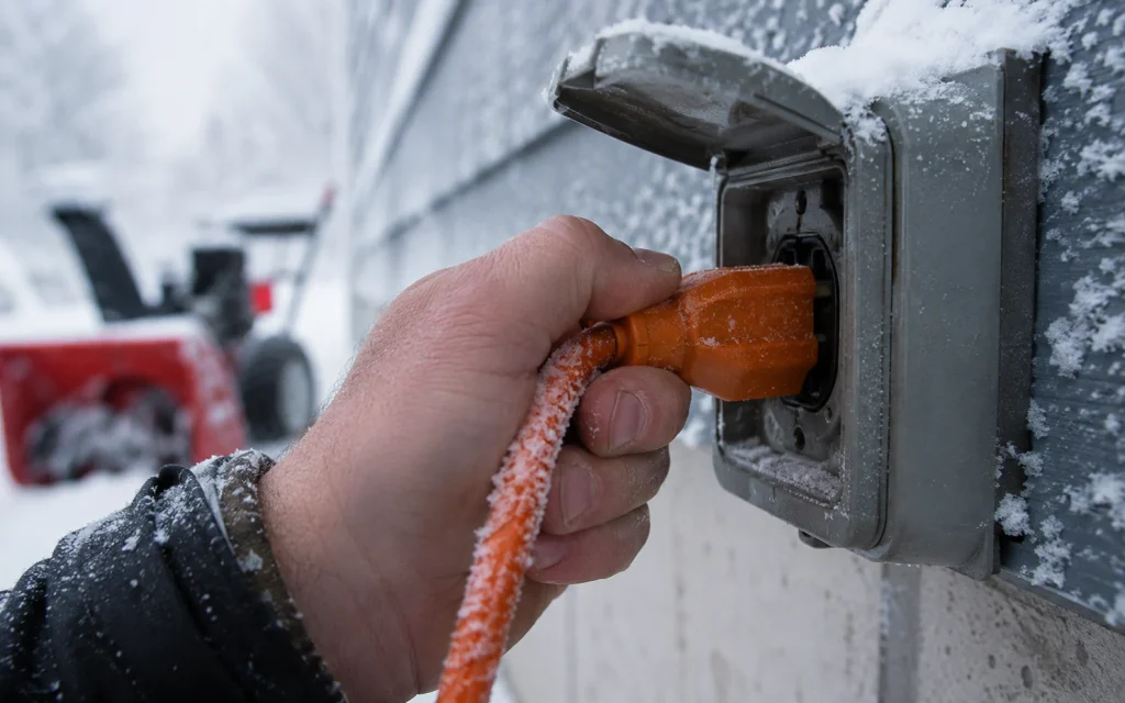 Verlängerungskabel wird bei Frost in eine Außensteckdose gesteckt für den Betrieb einer Schneefräse