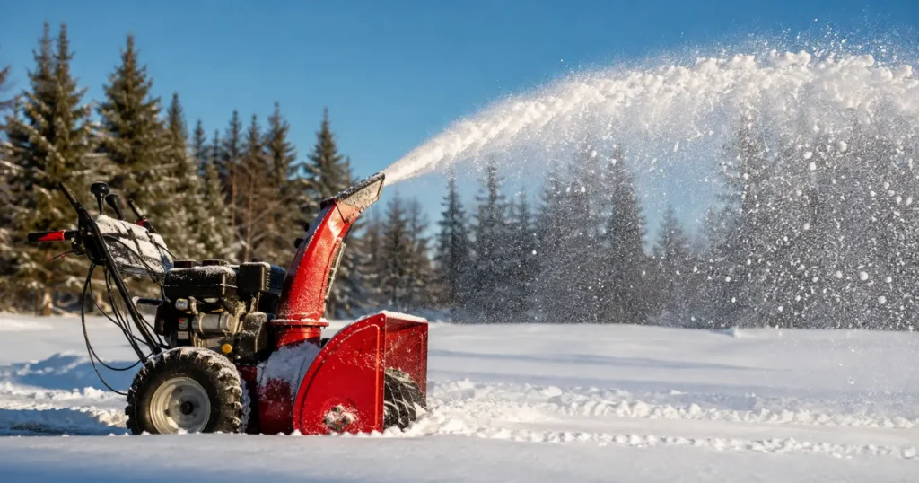Schneefräse wirft im Schwung eine Fontäne aus Pulverschnee auf einer freien Fläche