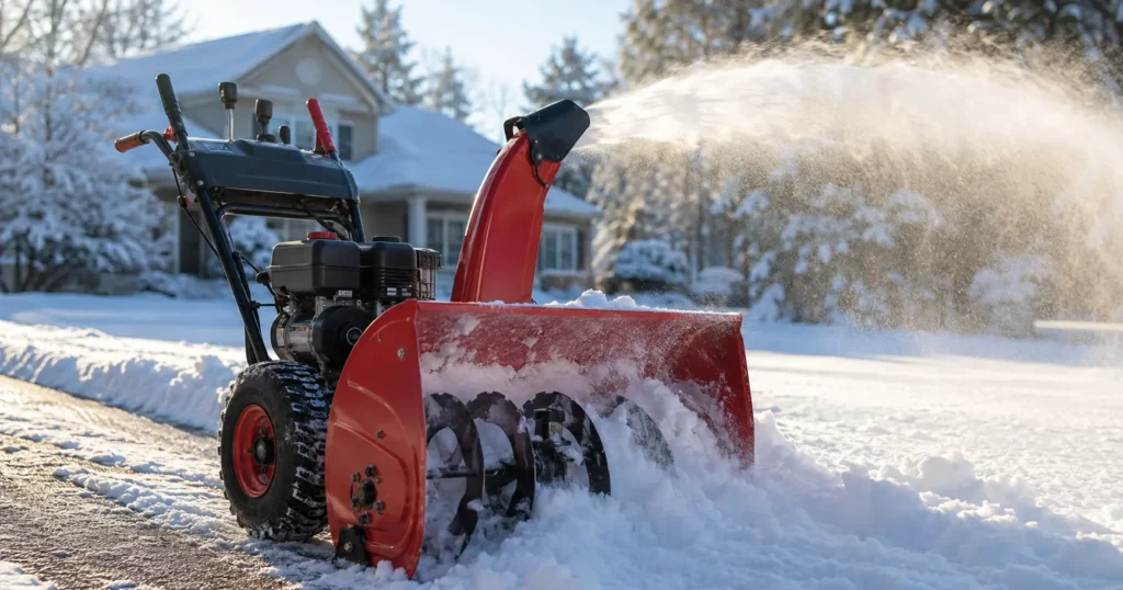 Schneefräsen im Vergleich – Maschine räumt verschneite Hofeinfahrt am frühen Morgen
