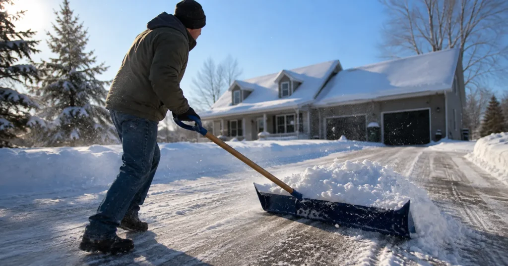 Schneeschieber kaufen: Person schiebt entschlossen breite Schneemassen von einer sonnigen Einfahrt