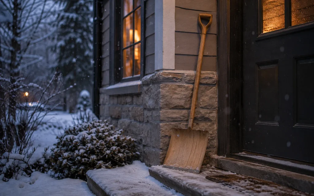 Schneeschieber mit langem Holzstiel lehnt bereit am Hauseingang vor dem ersten Schneefall