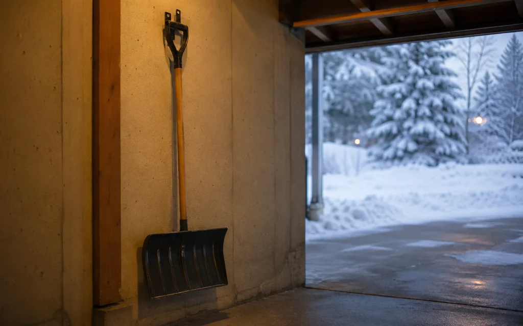 Schneeschieber kaufen und richtig lagern: Modell hängt trocken an der Wand im Carport