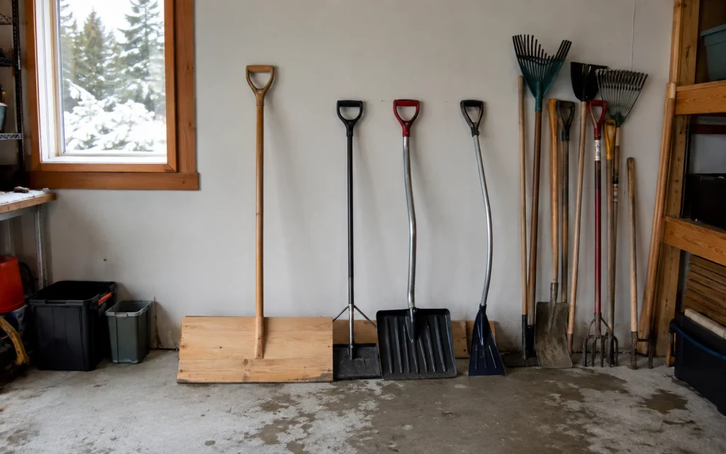 Verschiedene Schneeschieber und Gartengeräte stehen platzsparend in einer Garage