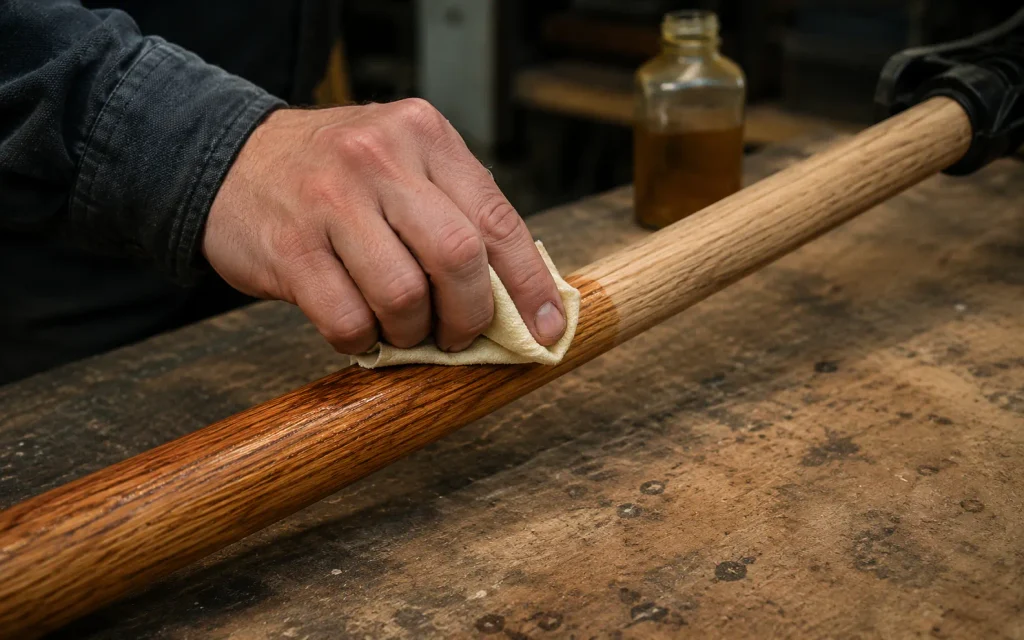 Hand ölt den Holzstiel eines Schneeschiebers mit einem Tuch vor der Wintersaison