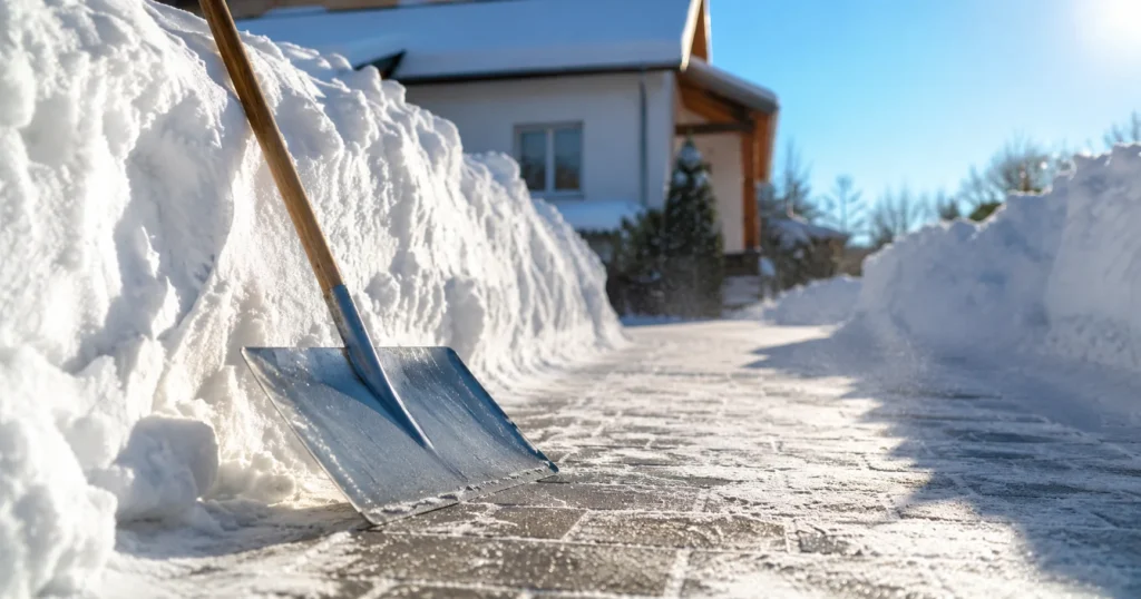 Schneeschieber lehnt neben einer frisch freigeräumten Spur auf einer sonnigen Wintereinfahrt