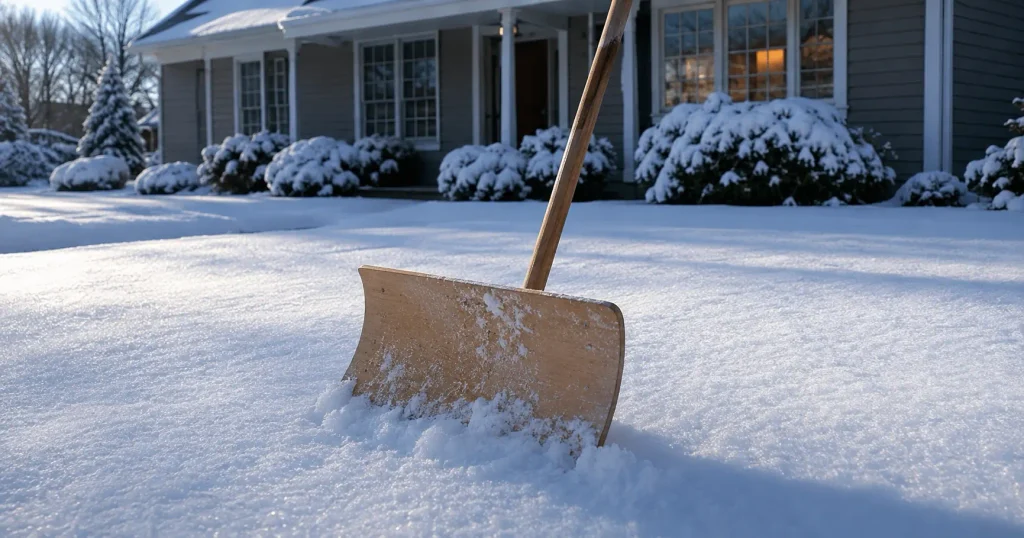 Schneeschieber aus Holz lehnt an einer frisch verschneiten Hauseinfahrt am Wintermorgen. Schneeschieber im Vergleich