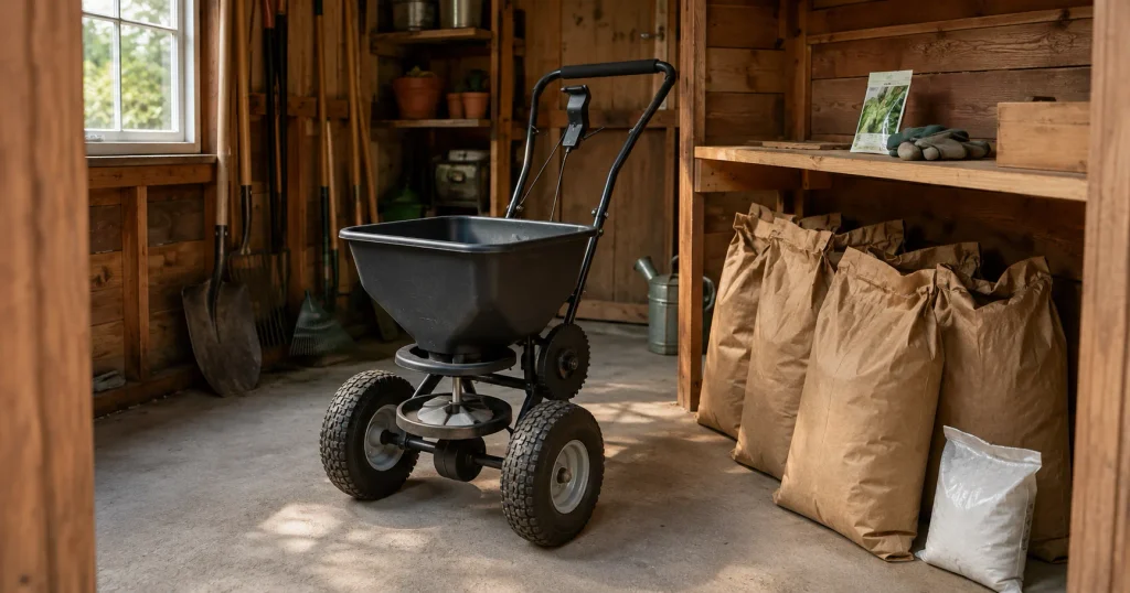 Streuwagen kaufen – Schubmodell mit Dünger- und Streusalzsäcken im Gartenschuppen