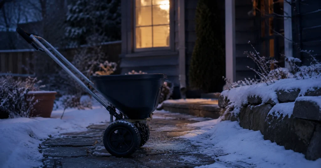 Streuwagen verteilt Streusalz auf schneebedecktem Gartenweg zur Haustür