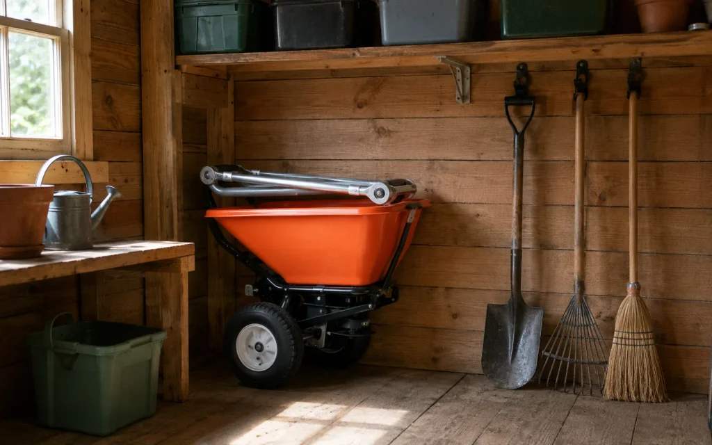 Streuwagen mit geklapptem Stiel steht platzsparend im Gartenschuppen