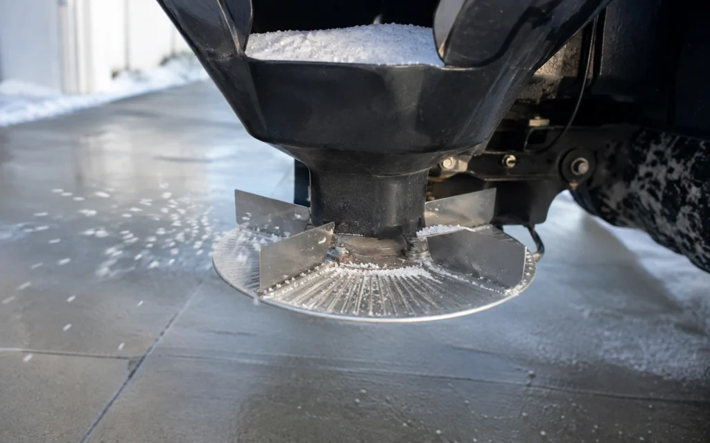 Streuwagen Streuwerk mit Wurfscheibe und Salzkörnern in Nahaufnahme