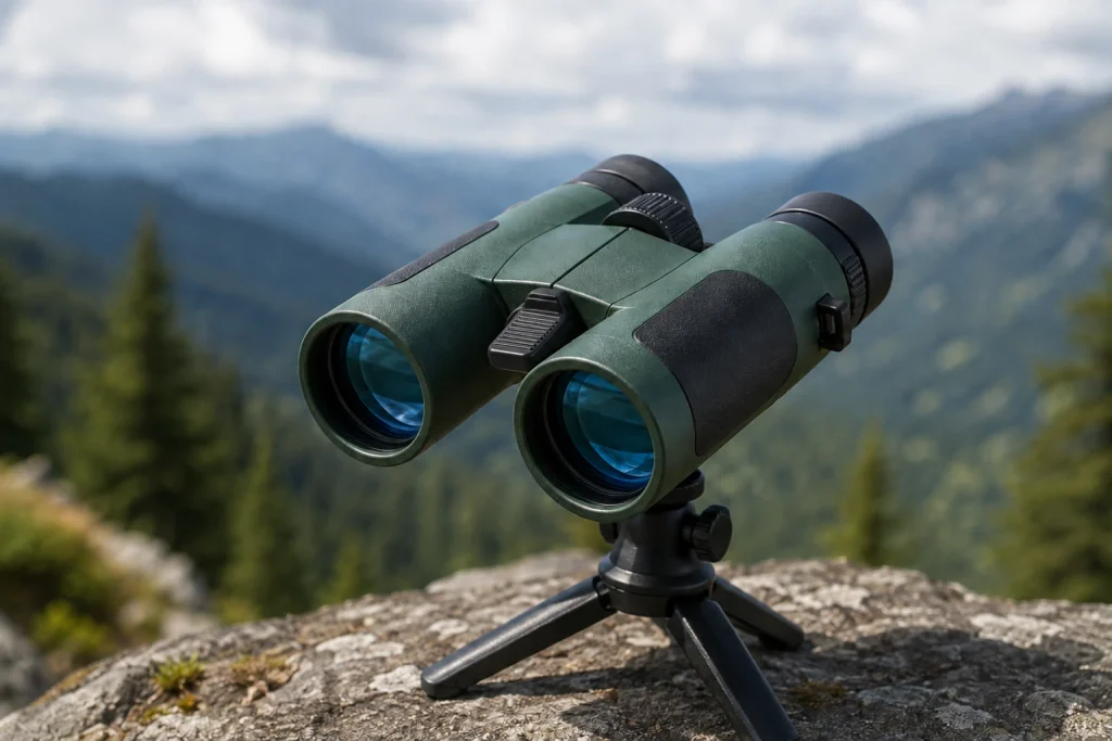 Zoomfernglas mit Dioptrienring und Fokus-Wippe auf Tischstativ vor Berglandschaft