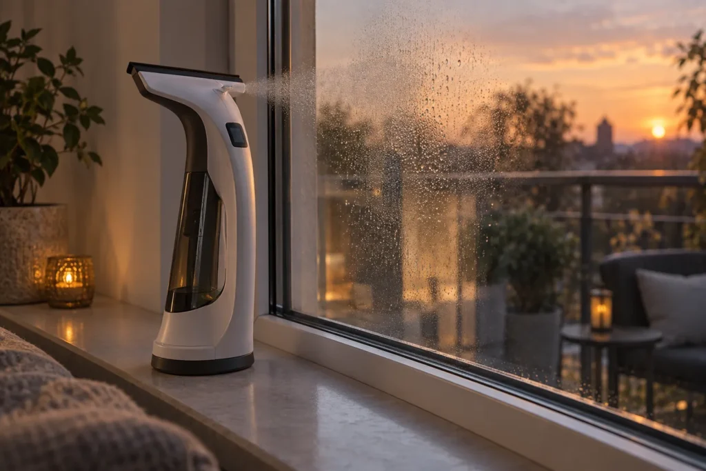 Fenstersauger Aldi Nord mit integrierter Sprühfunktion an der Balkontür