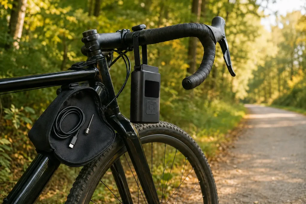 RIDE+GO Mini-Kompressor Aldi Nord MFP-08 hängt an der Trageschlaufe am Lenker eines geparkten Fahrrads am Waldweg