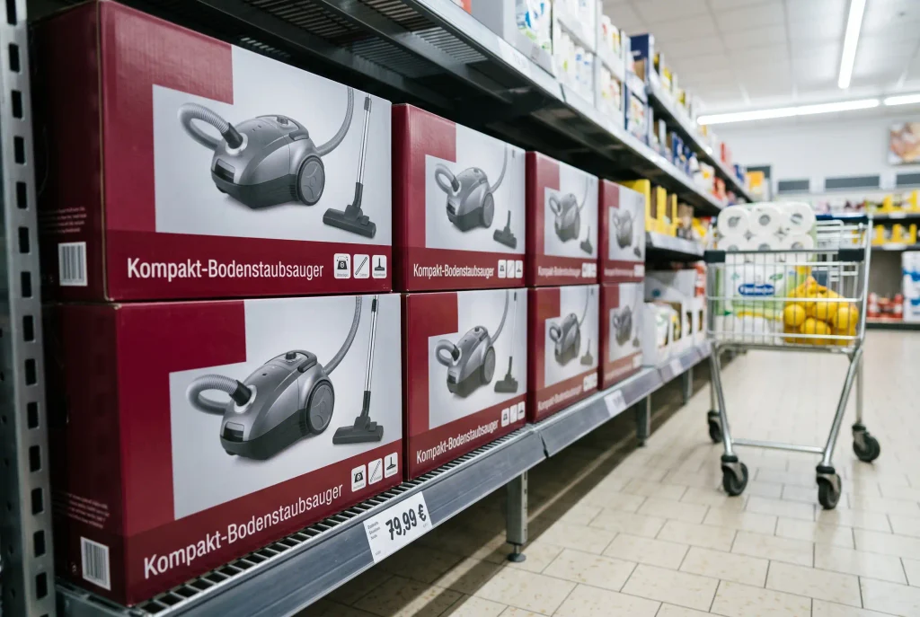 Aldi Nord Staubsauger: Kartons mit Kompakt-Bodenstaubsaugern im Regal neben einem Einkaufswagen