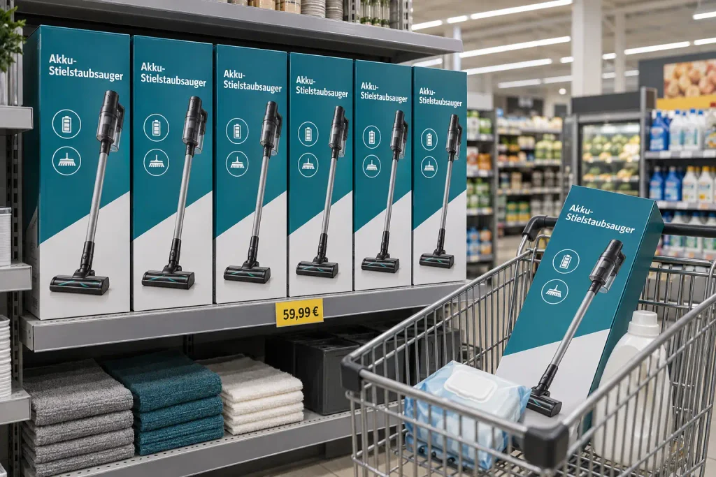 Akku-Stielstaubsauger Aldi Nord im Angebotsregal mit Einkaufswagen