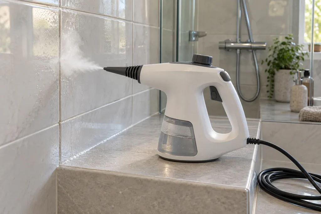 Dampfreiniger Aldi Nord: AMBIANO Handdampfreiniger im Einsatz auf Badezimmerfliesen
