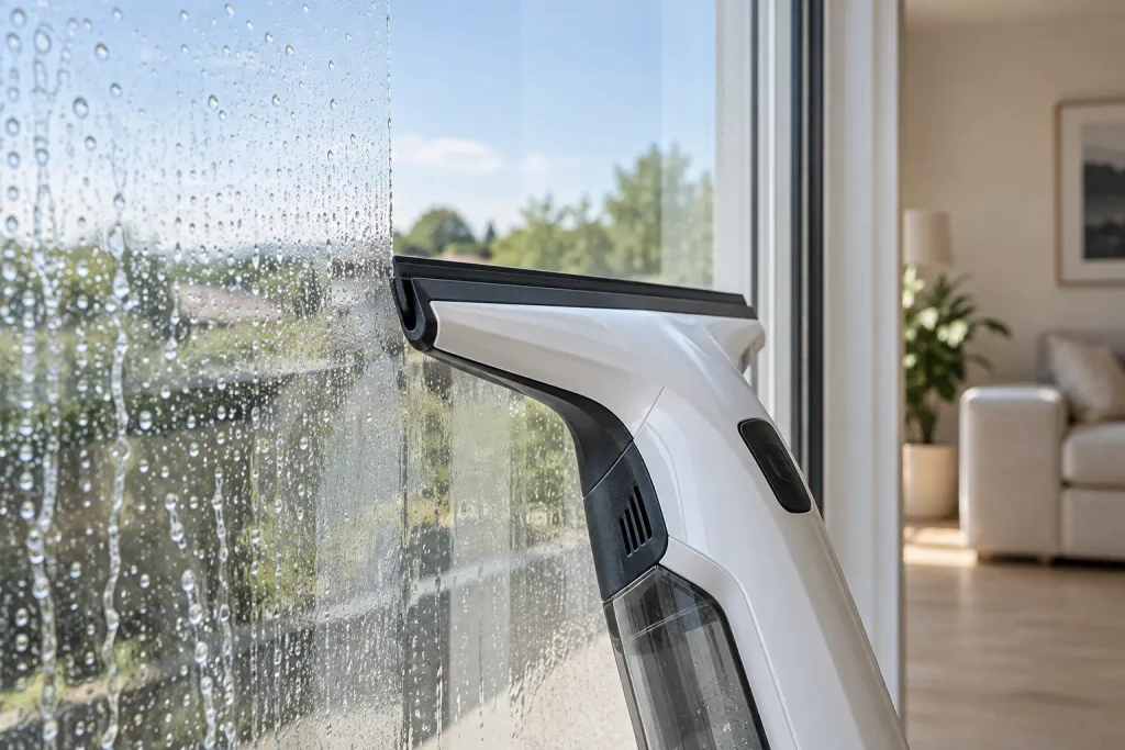 AMBIANO Fenstersauger Aldi Nord beim Abziehen einer Fensterscheibe