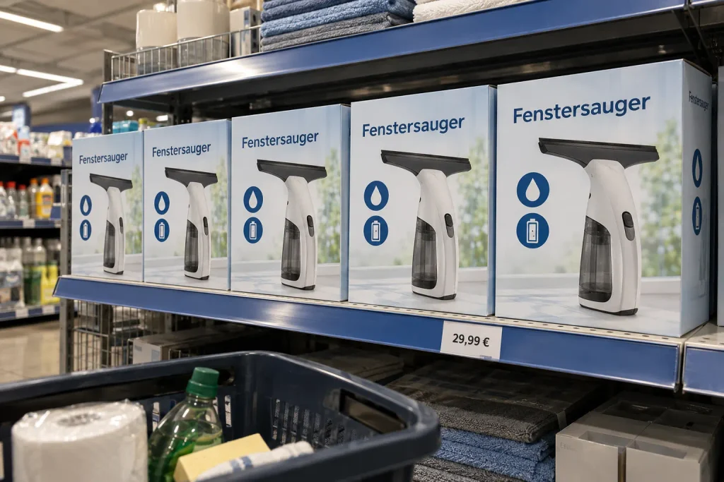 AMBIANO Fenstersauger Aldi Nord im Verkaufsregal mit Preisschild
