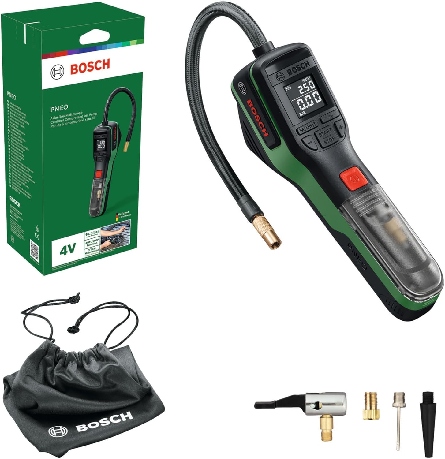 Bosch DIY Akku-Druckluftpumpe PNEO mit Display, Adaptern und Werkzeugtasche
