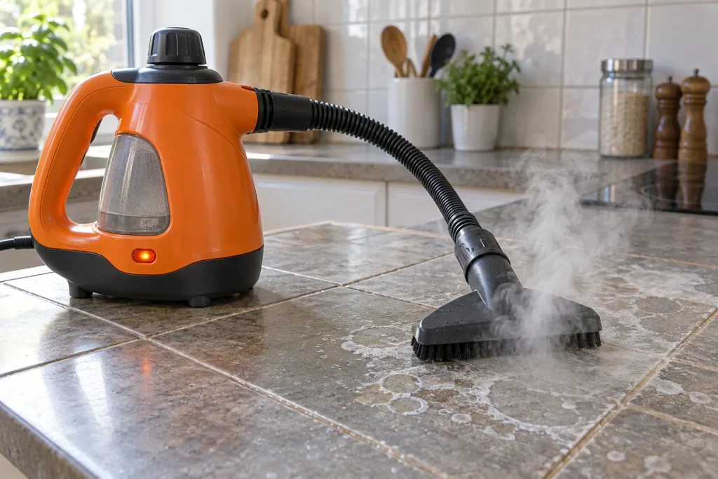 Handdampfreiniger im Einsatz gegen Kalkränder in der Küche
