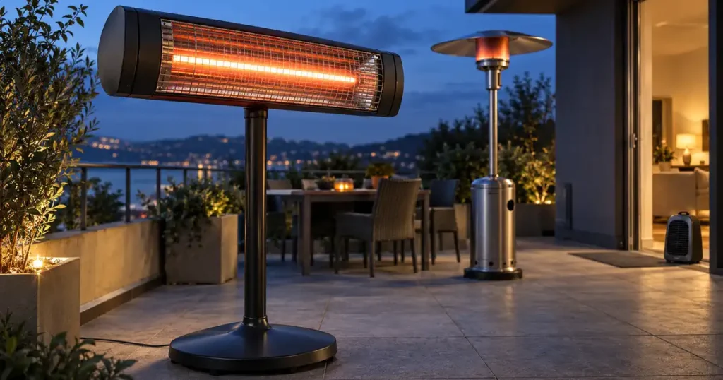 Blick von unten auf einen glühenden, deckenmontierten Infrarot-Heizstrahler auf einer Restaurant-Terrasse