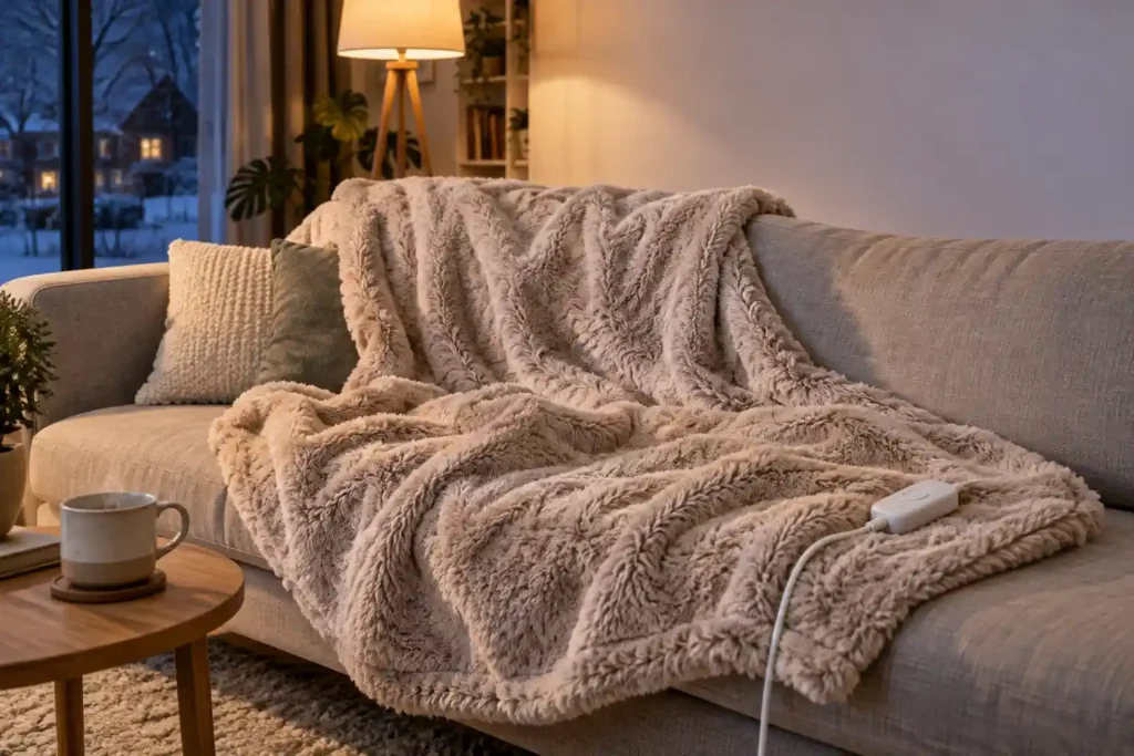 Eine dicke, flauschige elektrische Wärmedecke liegt einladend auf einem modernen Sofa in einem warm beleuchteten Wohnzimmer