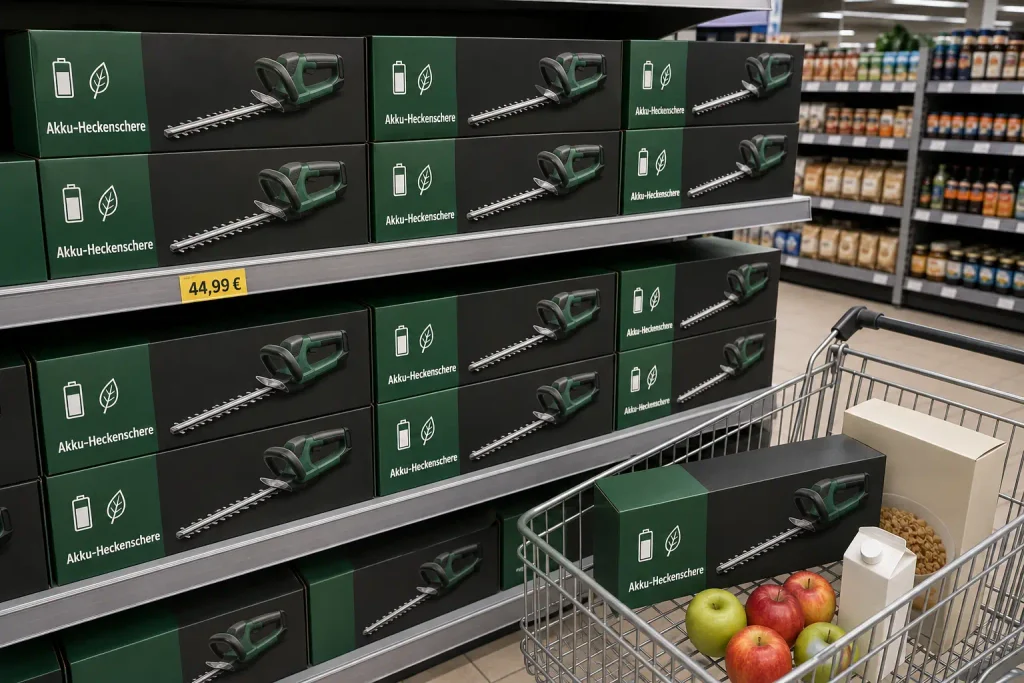 Akku-Heckenschere Aldi Nord im Verkaufsregal mit Preisschild 44,99 Euro