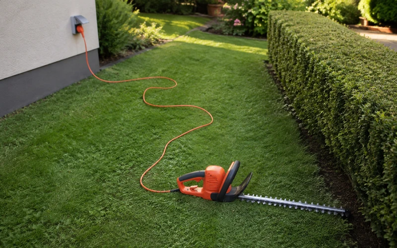 Verlängerungskabel führt über den Rasen zu einer Elektro-Heckenschere vor der Hecke