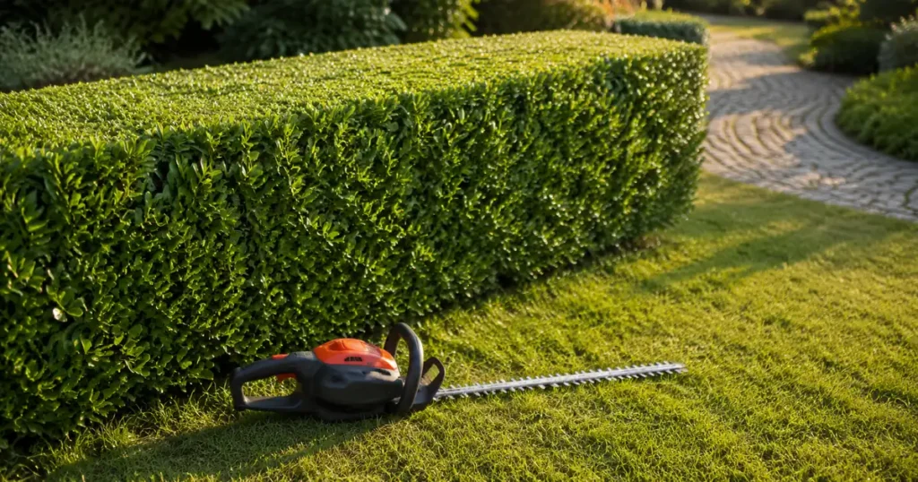 Heckenschere kaufen – frisch geschnittene Hecke mit Schere auf dem Rasen