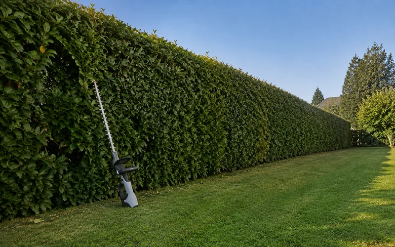 Lange Heckenwand im Garten mit einer am Boden lehnenden Heckenschere