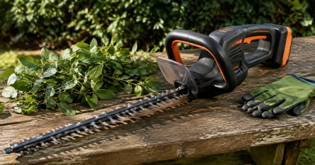 Heckenscheren im Vergleich – Akku-Modell mit frisch geschnittenen Zweigen auf der Gartenbank
